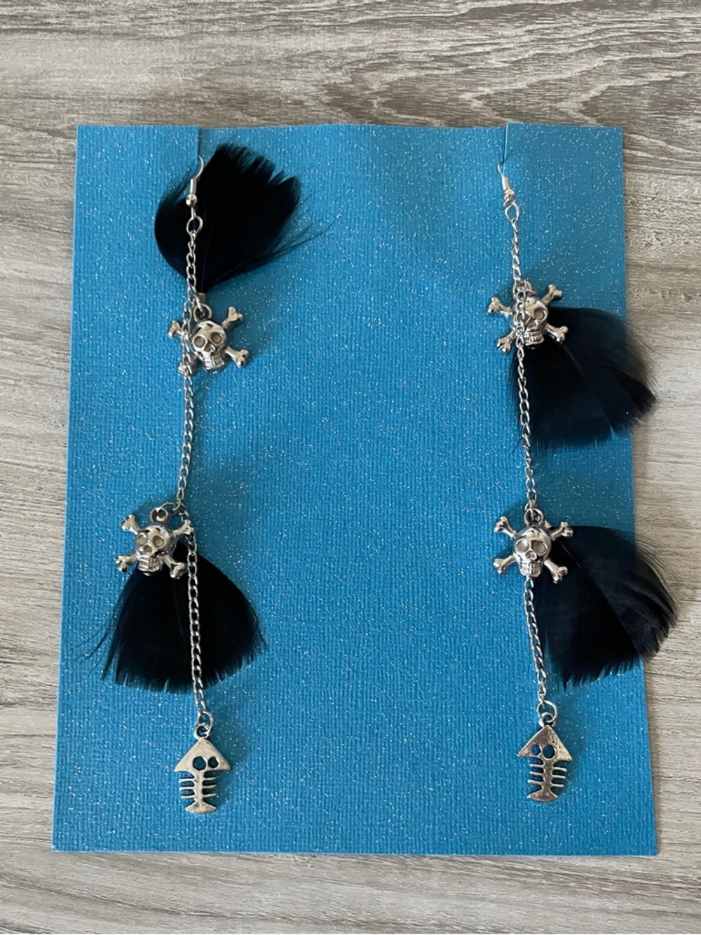 Black Feather Silver Skull and Fish Skeleton Earrings